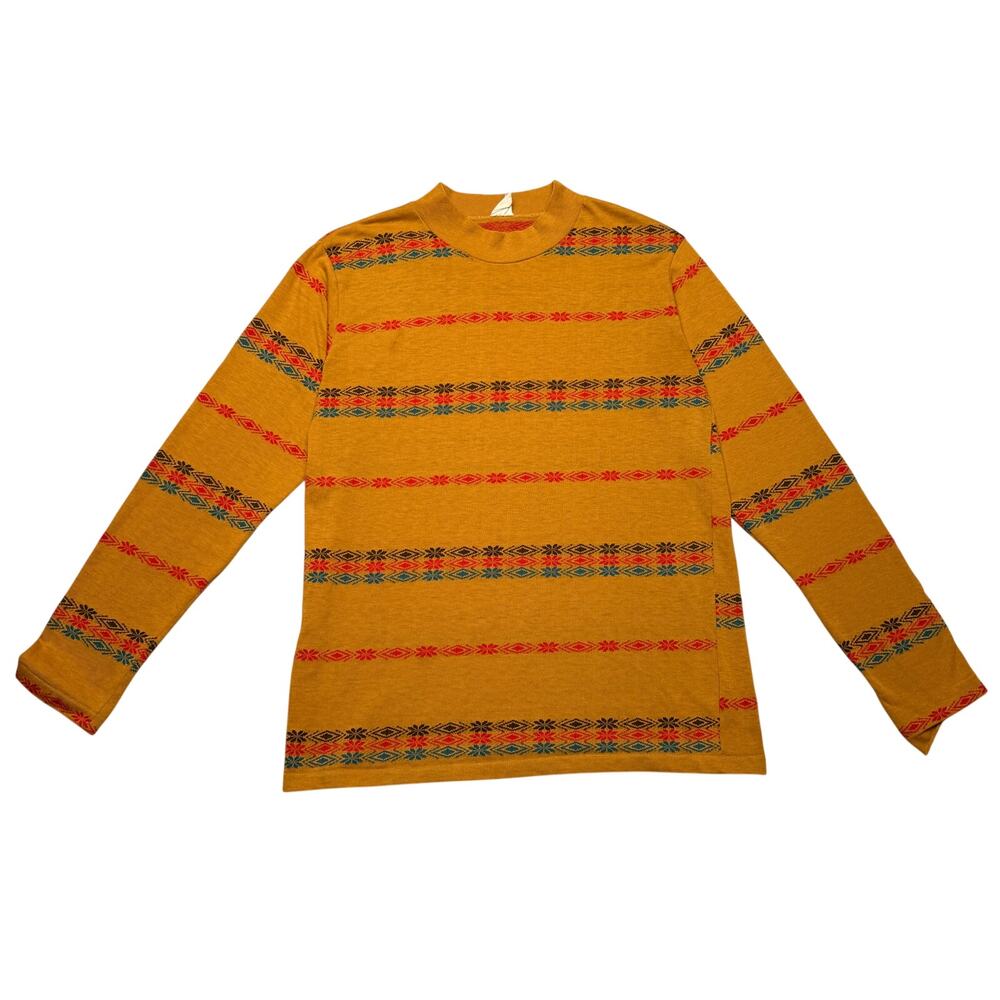 Vintage 70s JC Penney Geometric Stripe Mock Neck Long Sleeve Shirt Women's Large